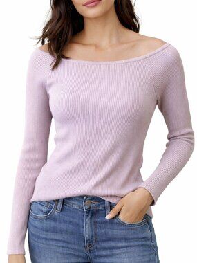 Emerson Lang Ribbed Knit Off Shoulder Top Pink Fitted Long Sleeve Medium